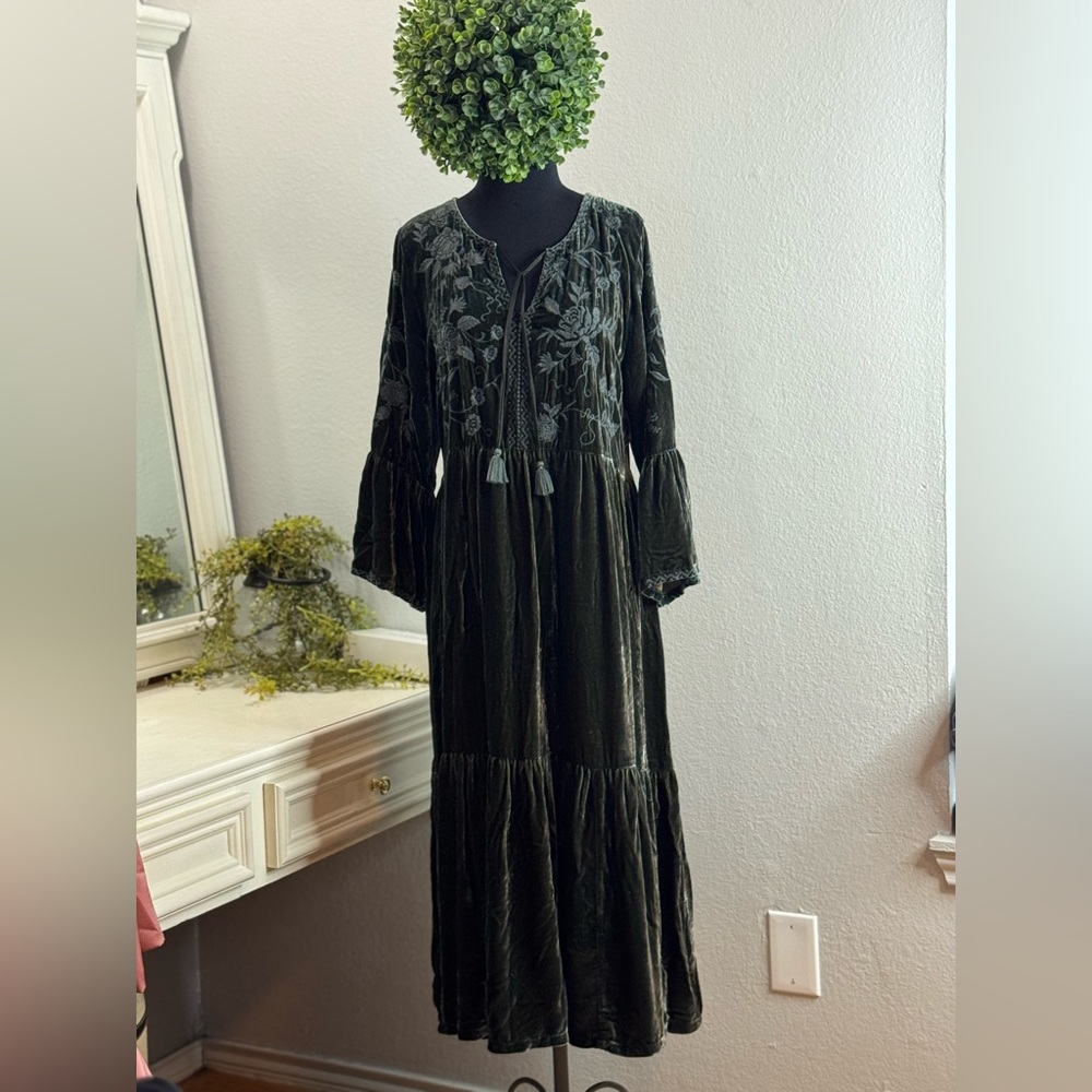 Johnny Was Olive and Gray Embroidered dress